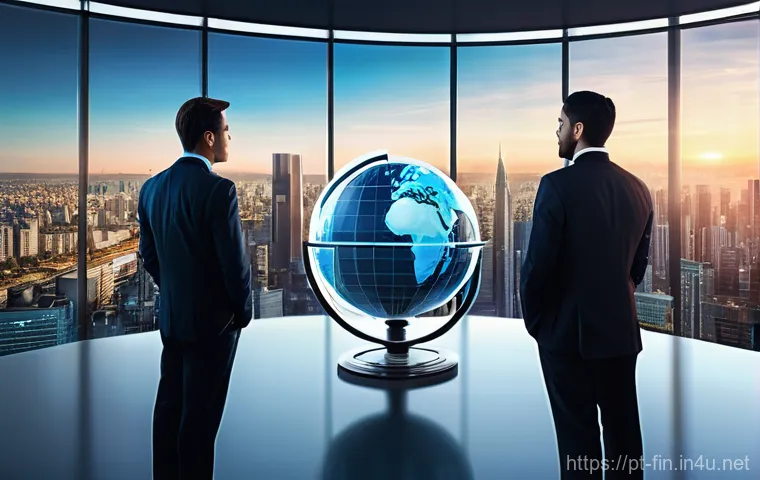 국내외 금융 규제 차이 - **Prompt:** A visually striking, hyperrealistic digital painting of a sophisticated, diverse group o...