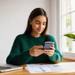 외화 통장 활용 사례 - **Prompt:** A young, confident Portuguese woman, casually dressed in a comfortable sweater and jeans...