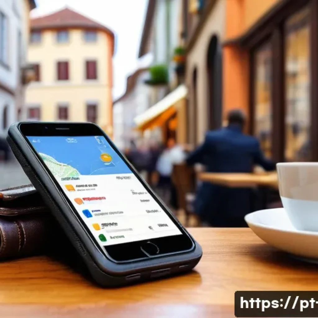 여행자 수표의 장단점 - A traveler sitting at a cozy European café table with a map, a smartphone showing a digital wallet a...
