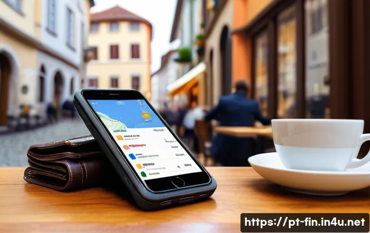 여행자 수표의 장단점 - A traveler sitting at a cozy European café table with a map, a smartphone showing a digital wallet a...