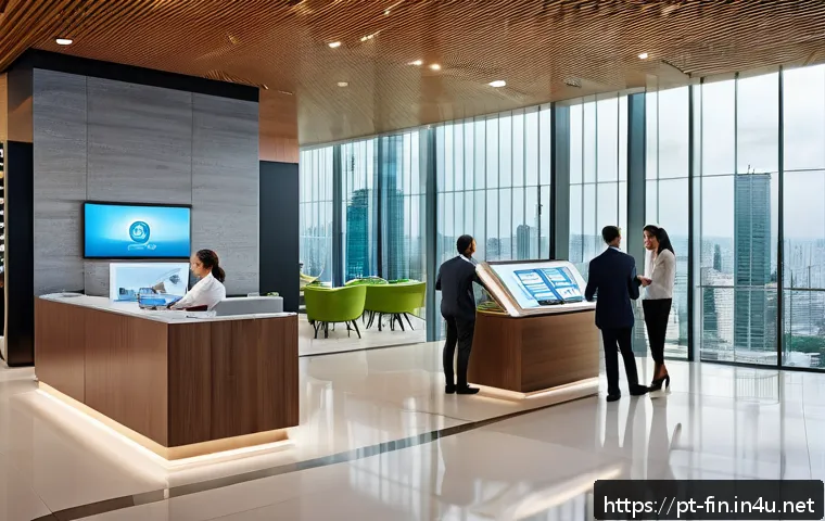 저축은행과 시중은행 비교 - A modern Brazilian traditional bank interior scene showing diverse professionals and affluent client...