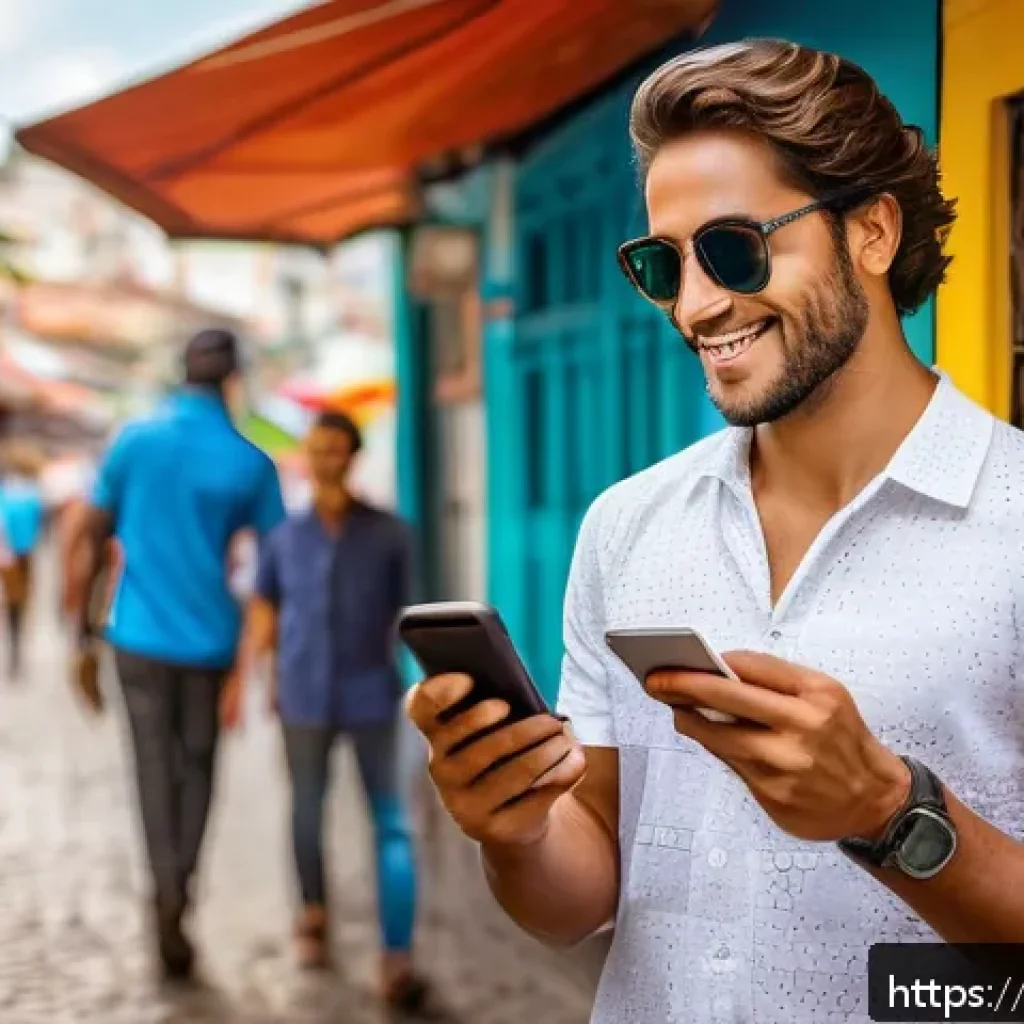해외여행 환전 시기 - A detailed scene of a traveler in a vibrant Brazilian cityscape, holding a smartphone displaying cur...