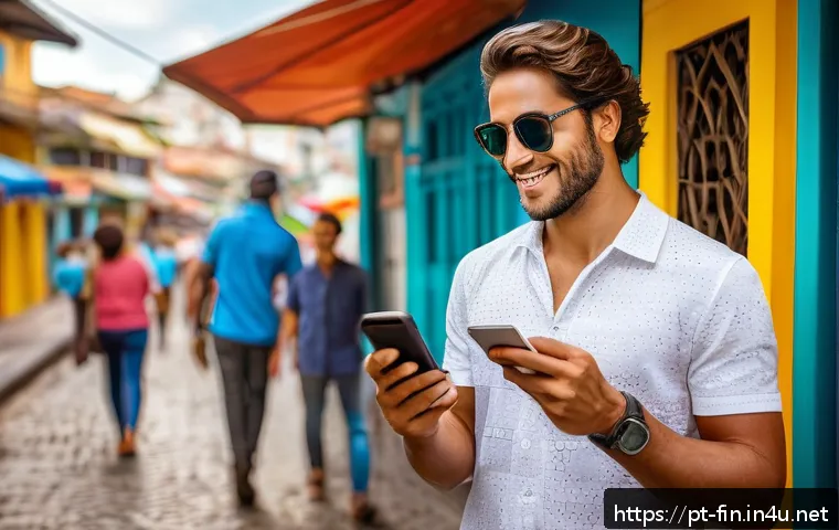 해외여행 환전 시기 - A detailed scene of a traveler in a vibrant Brazilian cityscape, holding a smartphone displaying cur...