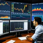 Home 19 외환차익으로 돈 버는 법 - A professional Brazilian investor in a modern office setting, analyzing multiple computer screens di...