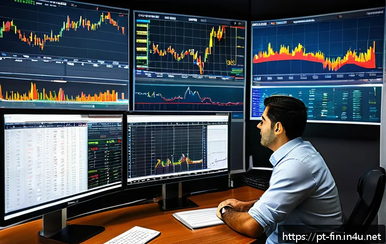 외환차익으로 돈 버는 법 - A professional Brazilian investor in a modern office setting, analyzing multiple computer screens di...