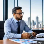 Home 18 채권 투자와 환율의 관계 - A professional Brazilian investor sitting at a sleek modern desk in a bright office with large windo...