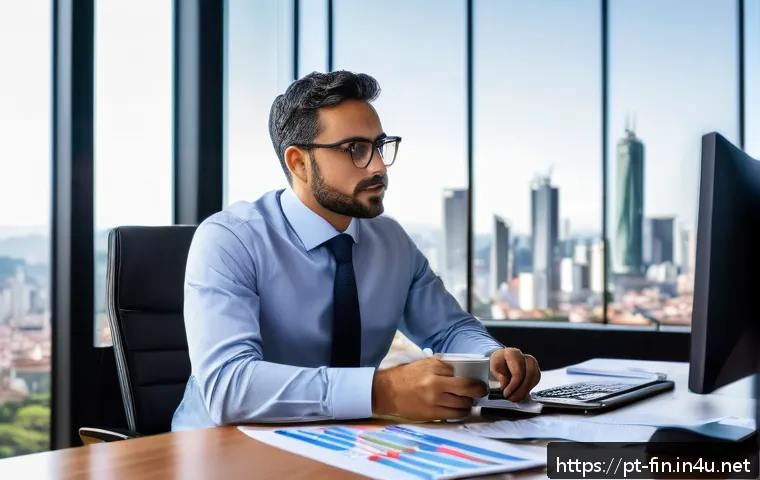 채권 투자와 환율의 관계 - A professional Brazilian investor sitting at a sleek modern desk in a bright office with large windo...